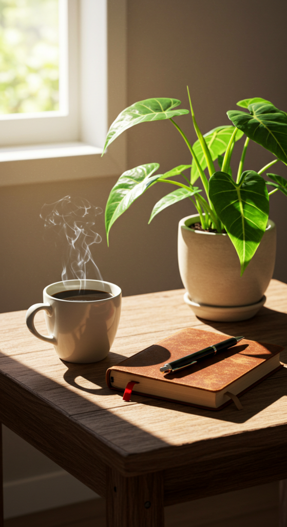 Uma cena aconchegante de manhã com uma xícara de café, um diário e uma planta sobre a mesa, simbolizando uma rotina tranquila e inspiradora.