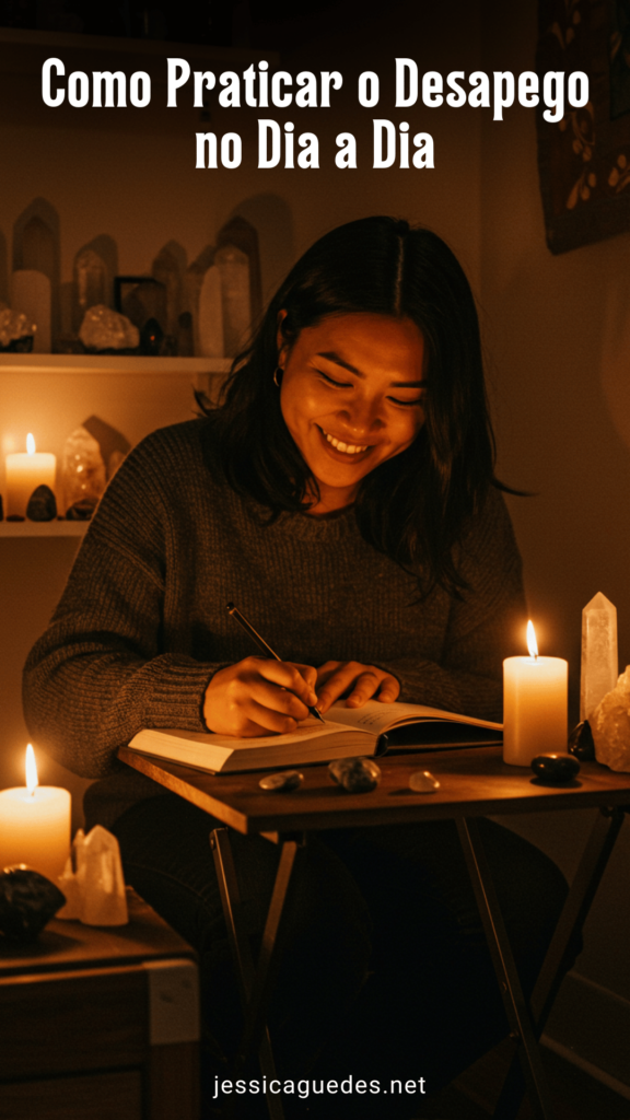 Uma pessoa escrevendo em um diário, cercada por velas e cristais, simbolizando gratidão e manifestação. A cena é aconchegante e espiritual. Inclua o título em português: "Como Praticar o Desapego no Dia a Dia".